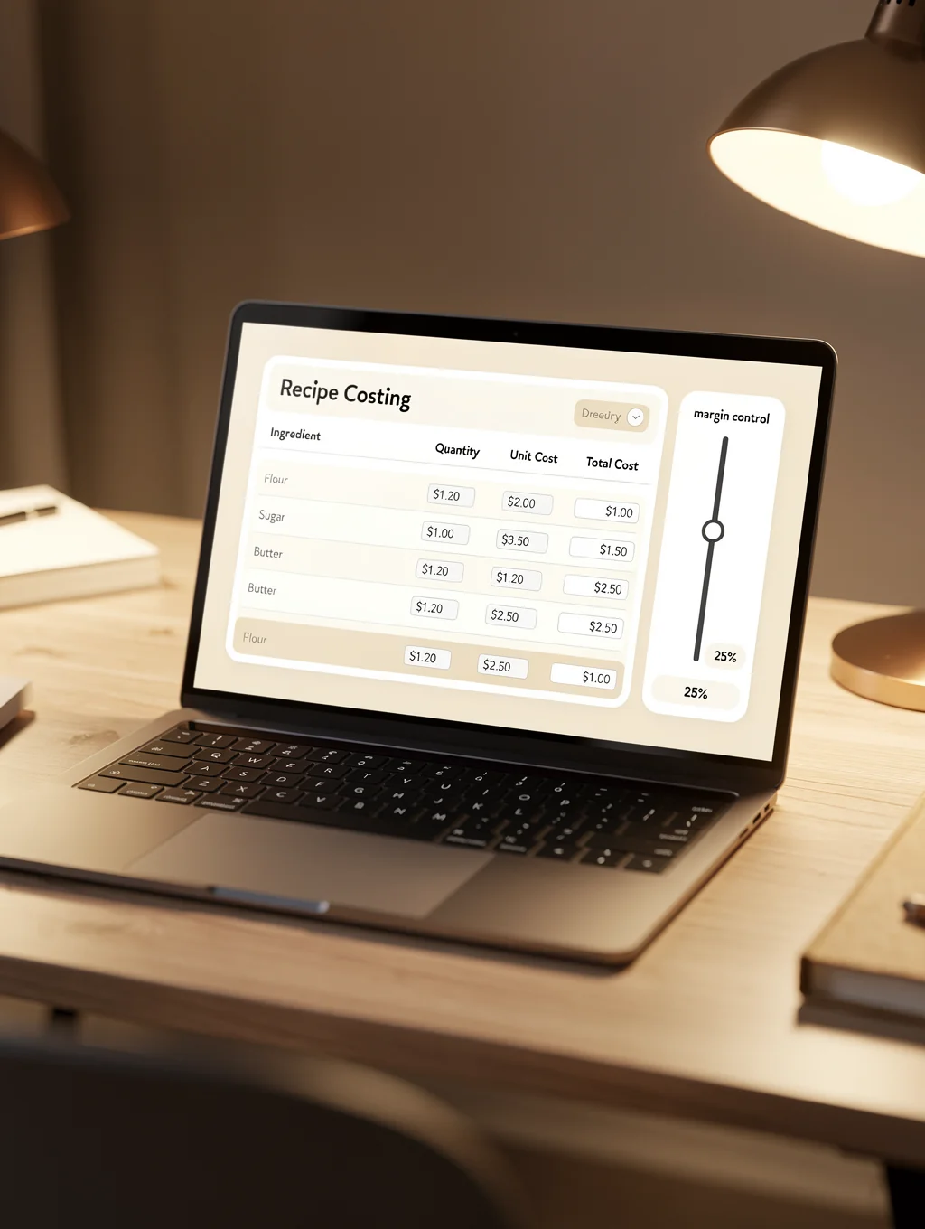 Recipe costing tool showing ingredient price breakdown